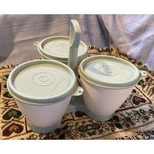 Vintage Tupperware Light Blue Condiment Caddy with 3 Cups & Lids #757-4 USA Made